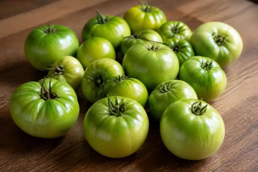 Tomates vertes recoltees posees sur surface interieure