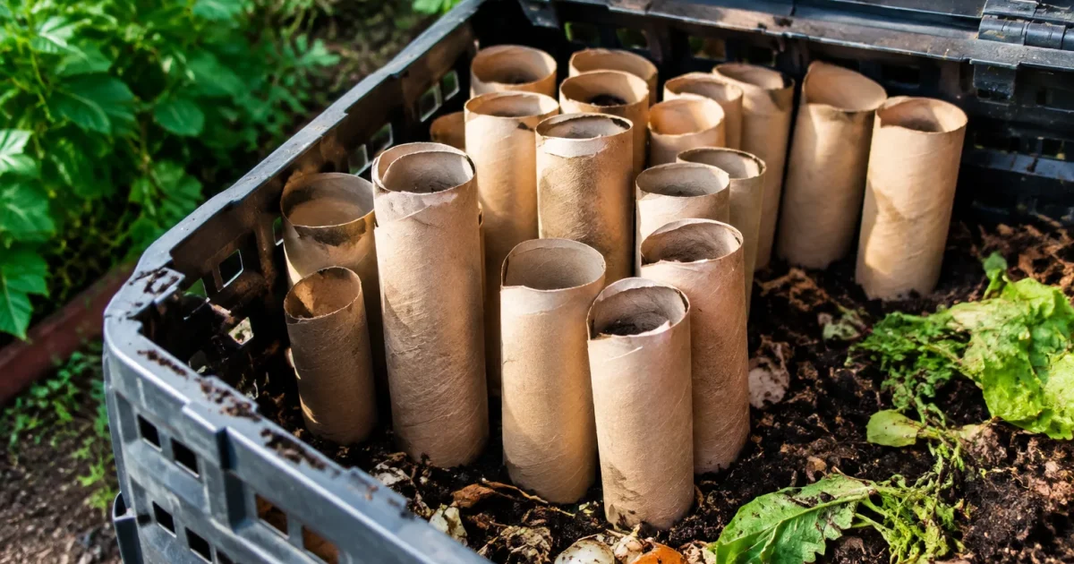 Tubes carton empiles verticalement dans bac composteur
