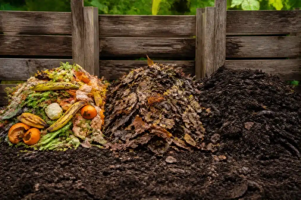 Trois tas de compost distincts avec debris de cuisine et feuilles