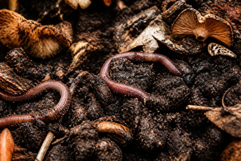 Vers bruns champignons humus noir matiere organique riche