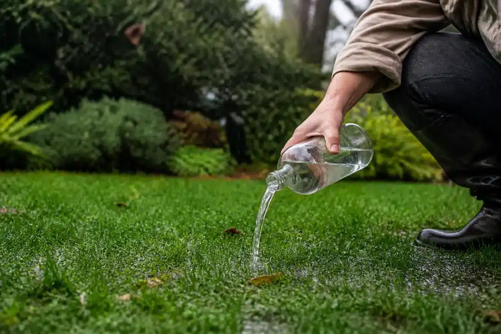 Personne versant vinaigre blanc sur herbe humide sous pluie