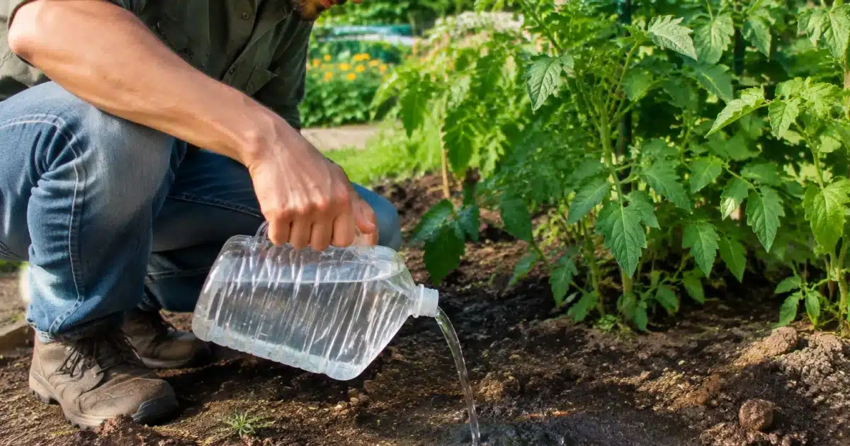 Jardinier versant vinaigre blanc sur sol humide de potager