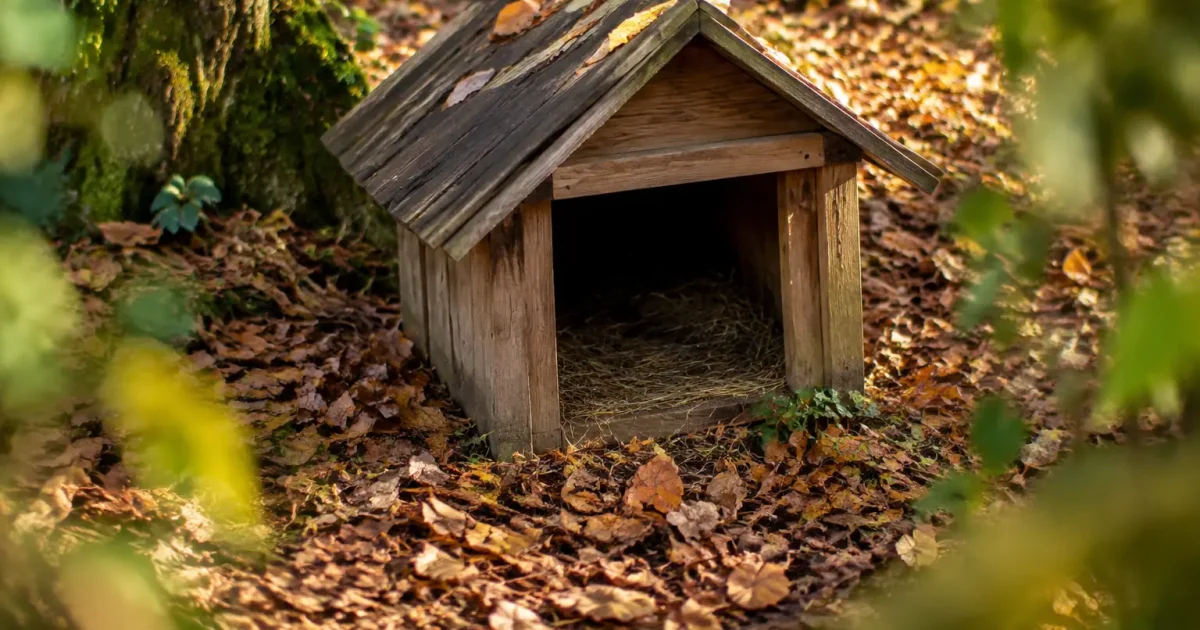 Abri en bois au sol entoure de feuilles mortes