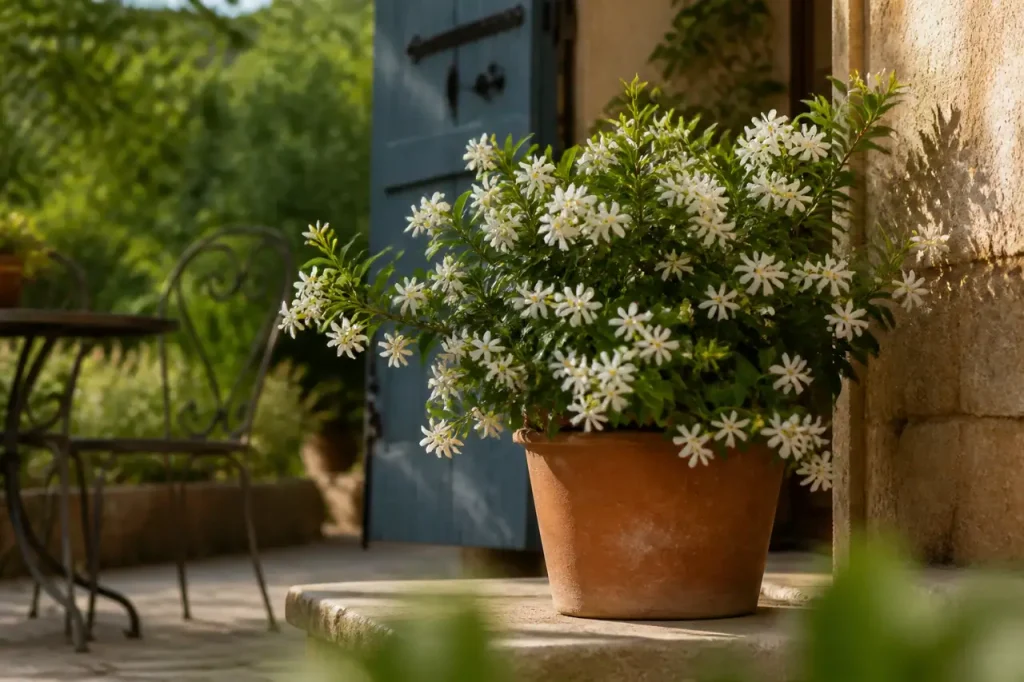 Arbuste fleuri, feuillage dense, pot de terre cuite