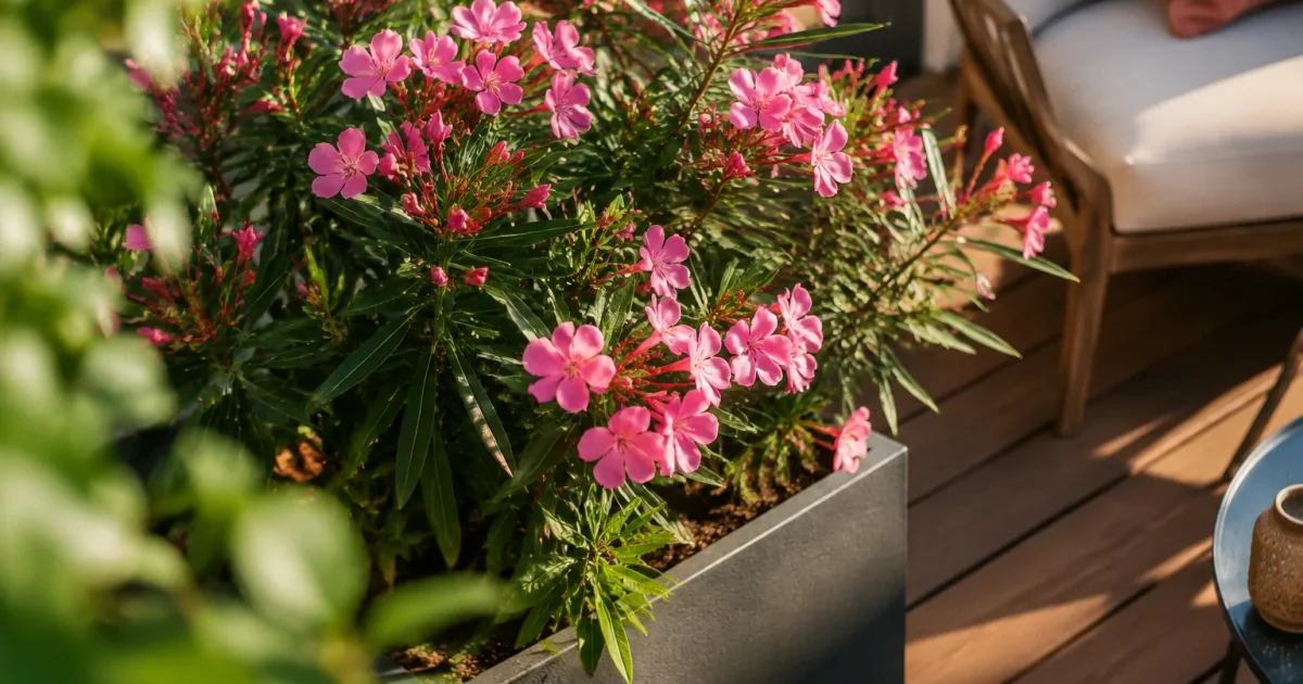 Arbuste fleuri rose dans un bac sur terrasse