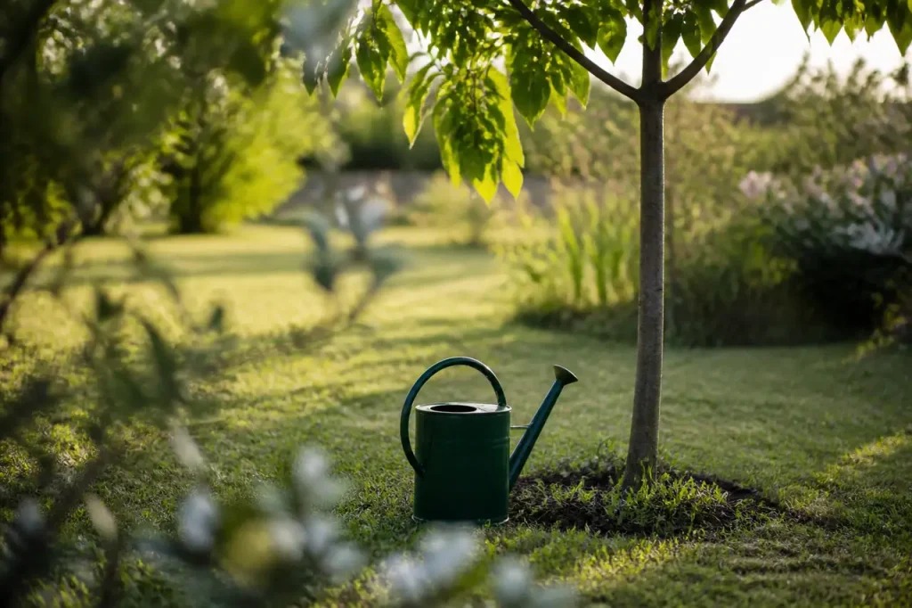 Arrosoir vert au pied du jeune arbre