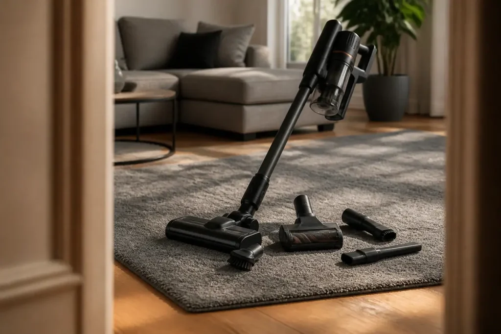Aspirateur balai noir sur tapis gris avec accessoires