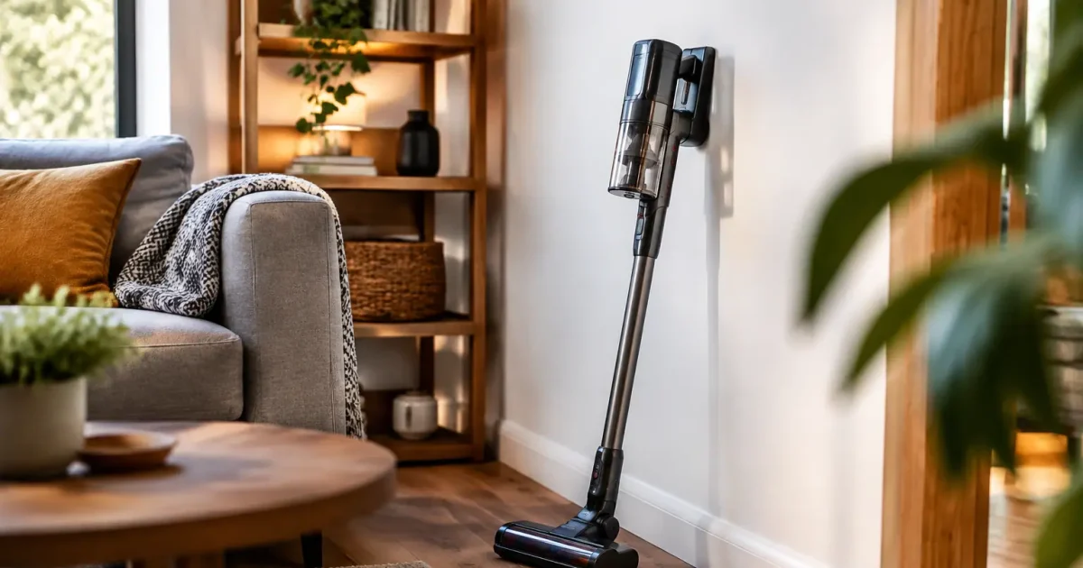 Aspirateur balai sans fil pose contre un mur blanc