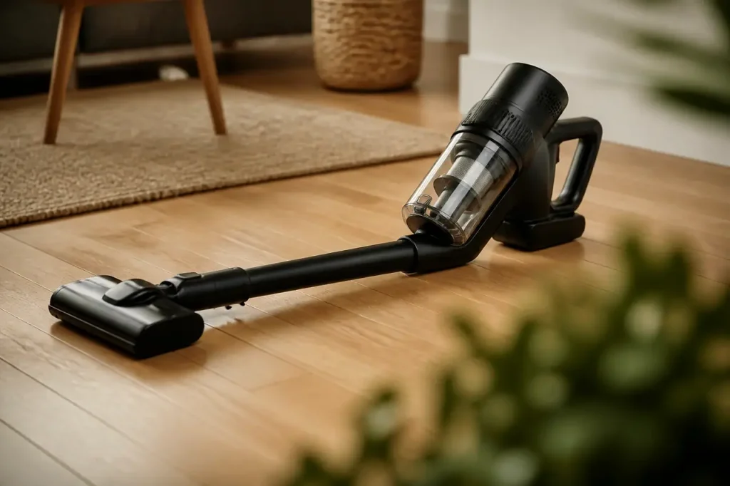 Aspirateur sans fil noir posé sur parquet clair