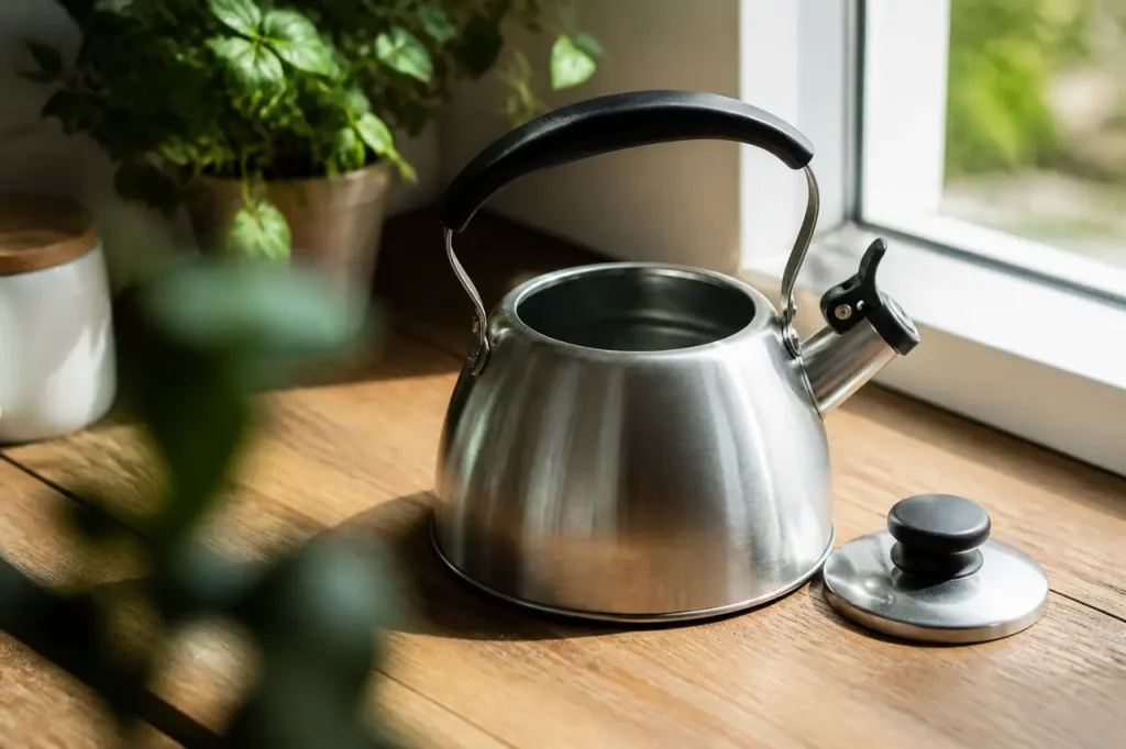 Bouilloire inox ouverte avec couvercle sur plan de travail