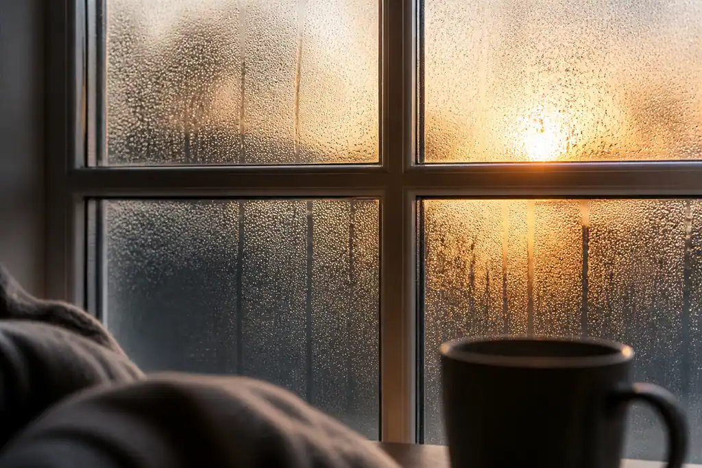 Buee en gouttelettes sur une vitre au petit matin