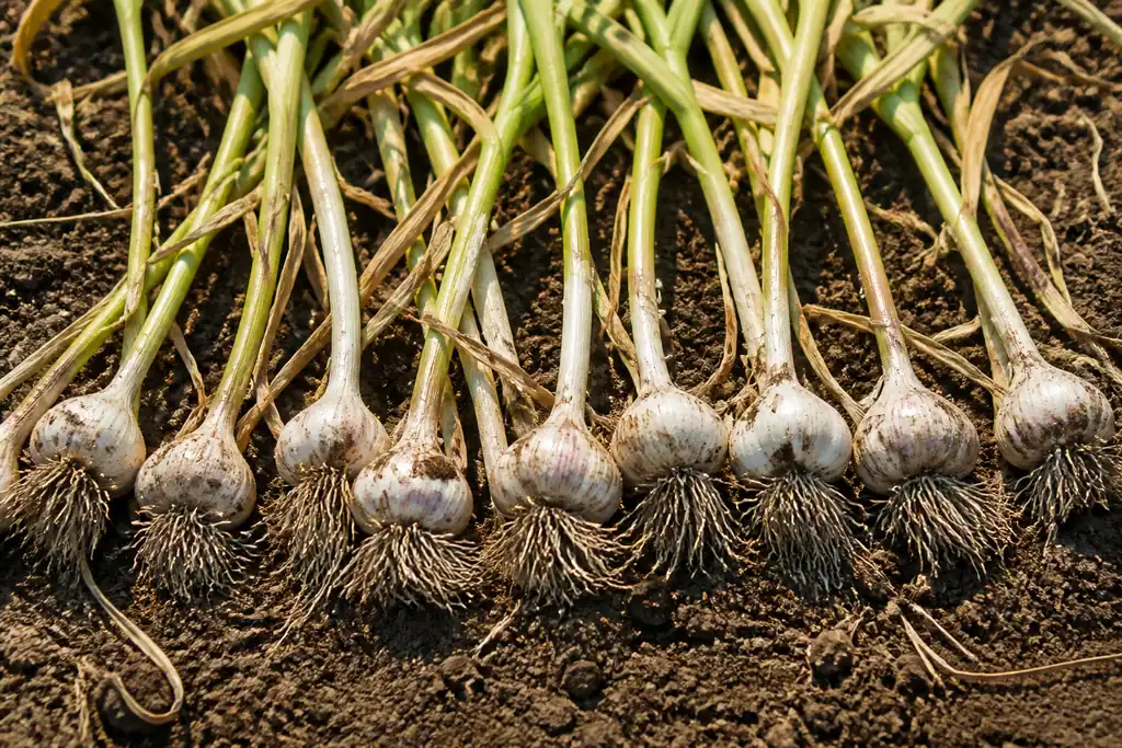 Bulbes d ail frais alignes dans un sol meuble