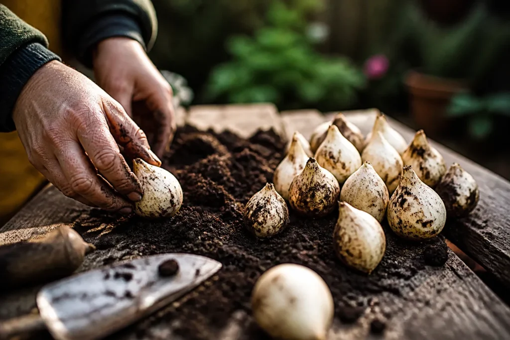 Bulbes de tulipes blanches sur terre humide
