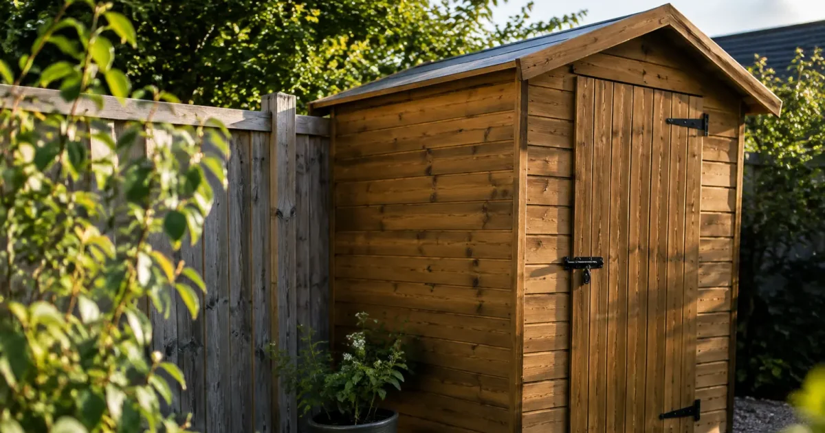 Cabanon en bois plaque contre une cloture grise