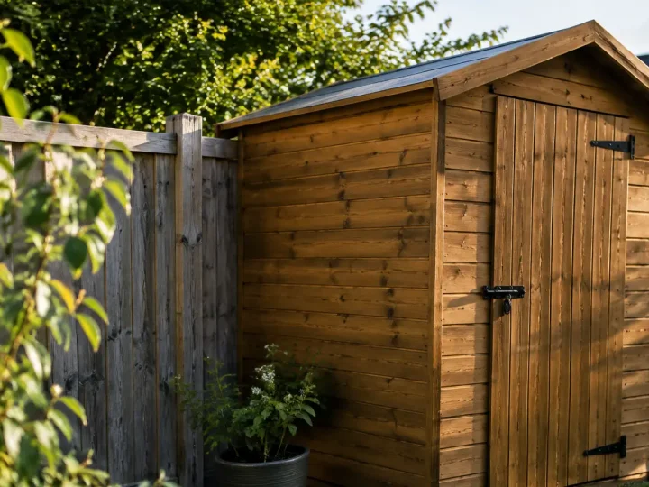 Cabanon en bois plaque contre une cloture grise
