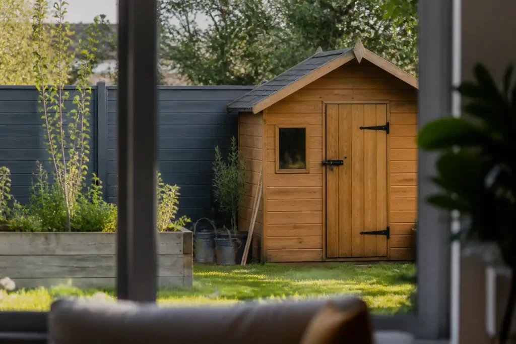 Cabanon de jardin en bois contre une cloture grise