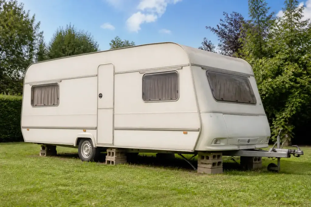 Caravane blanche posee sur cales dans un jardin