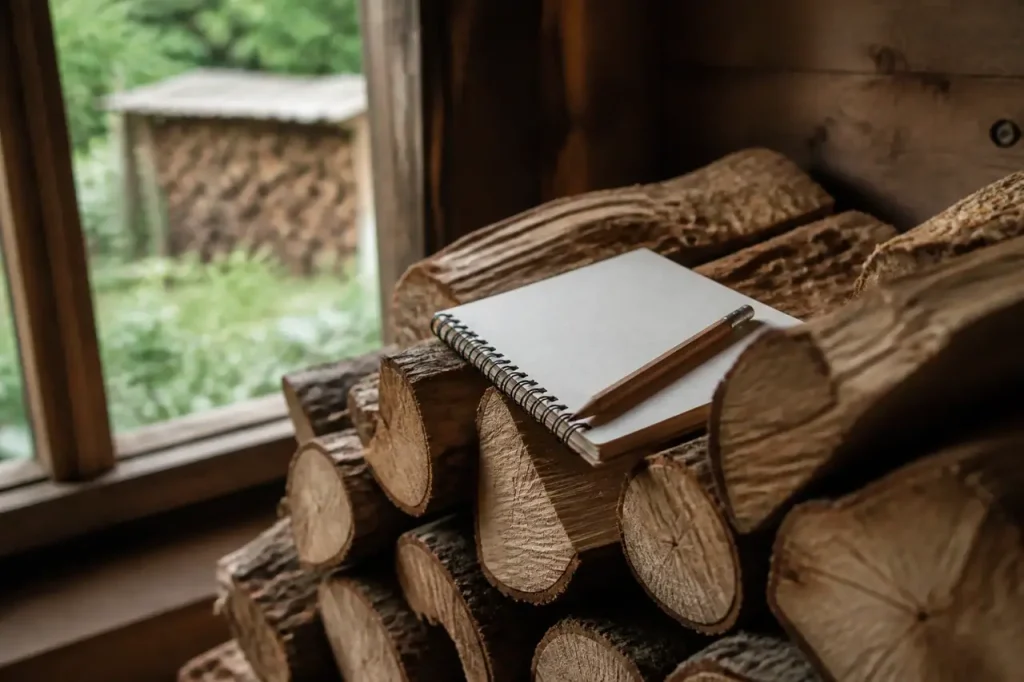 Carnet et crayon poses sur une pile de buches