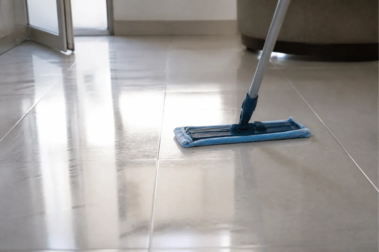 Carrelage brillant etincélant nettoye avec serpilliere microfibre humide