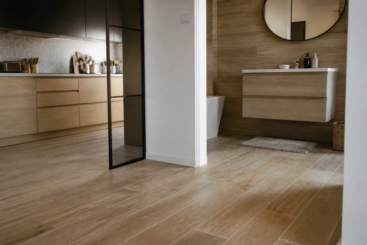 Carrelage imitation bois dans cuisine et salle bains