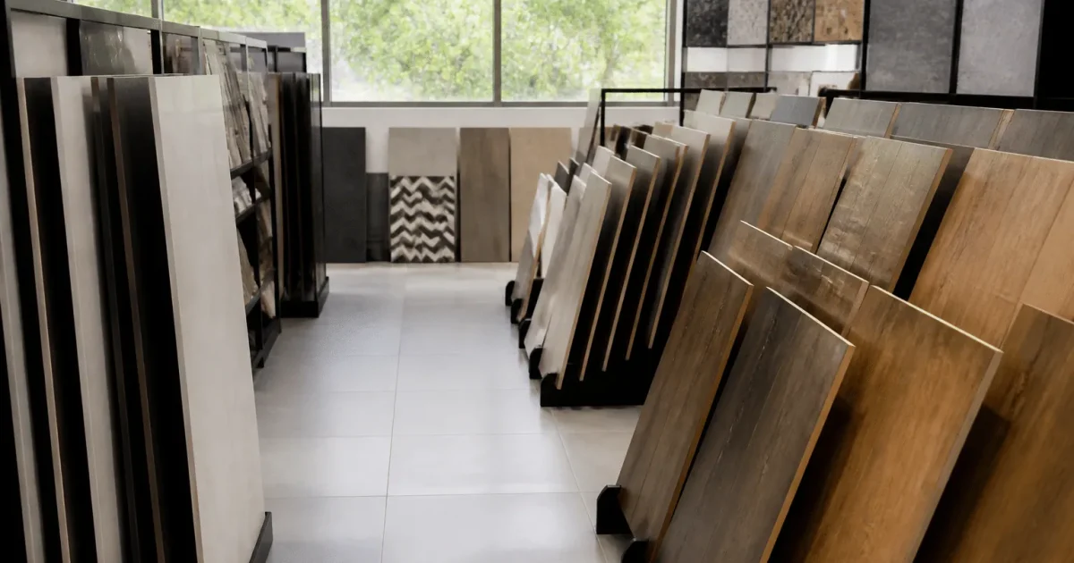 Showroom displaying ceramic tiles and wooden flooring samples.
