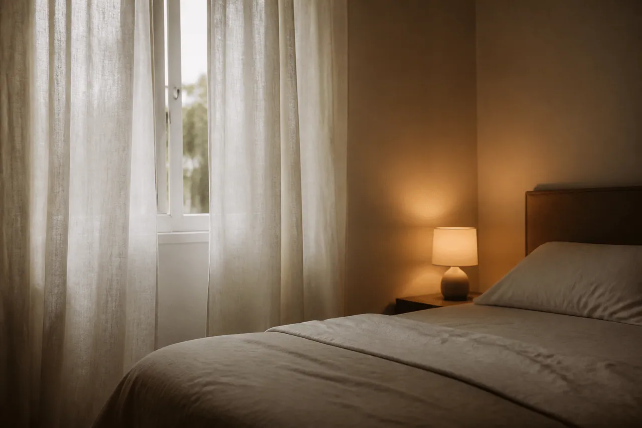 Chambre avec rideaux doux et lampe chaude allumee.