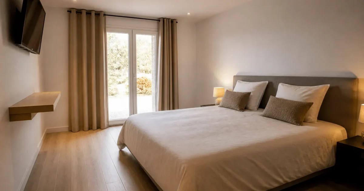 Chambre spacieuse avec lit moderne, mobilier minimaliste et eclairage doux.