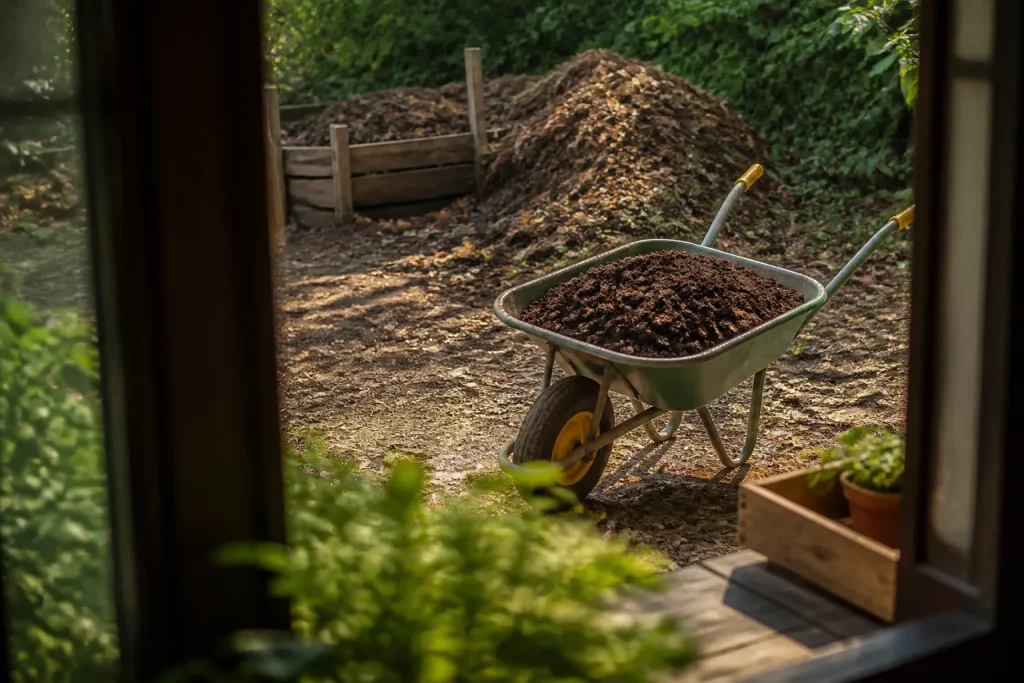 Compost brun friable tamise dans une brouette