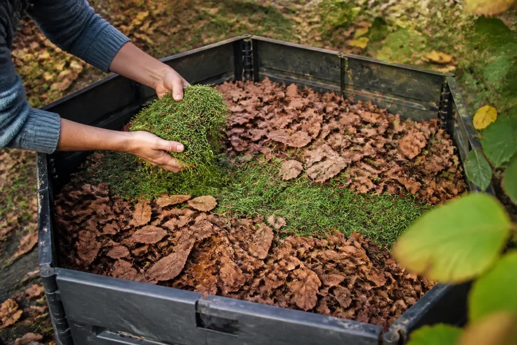 Compost en strates alternees de feuilles seches et tontes