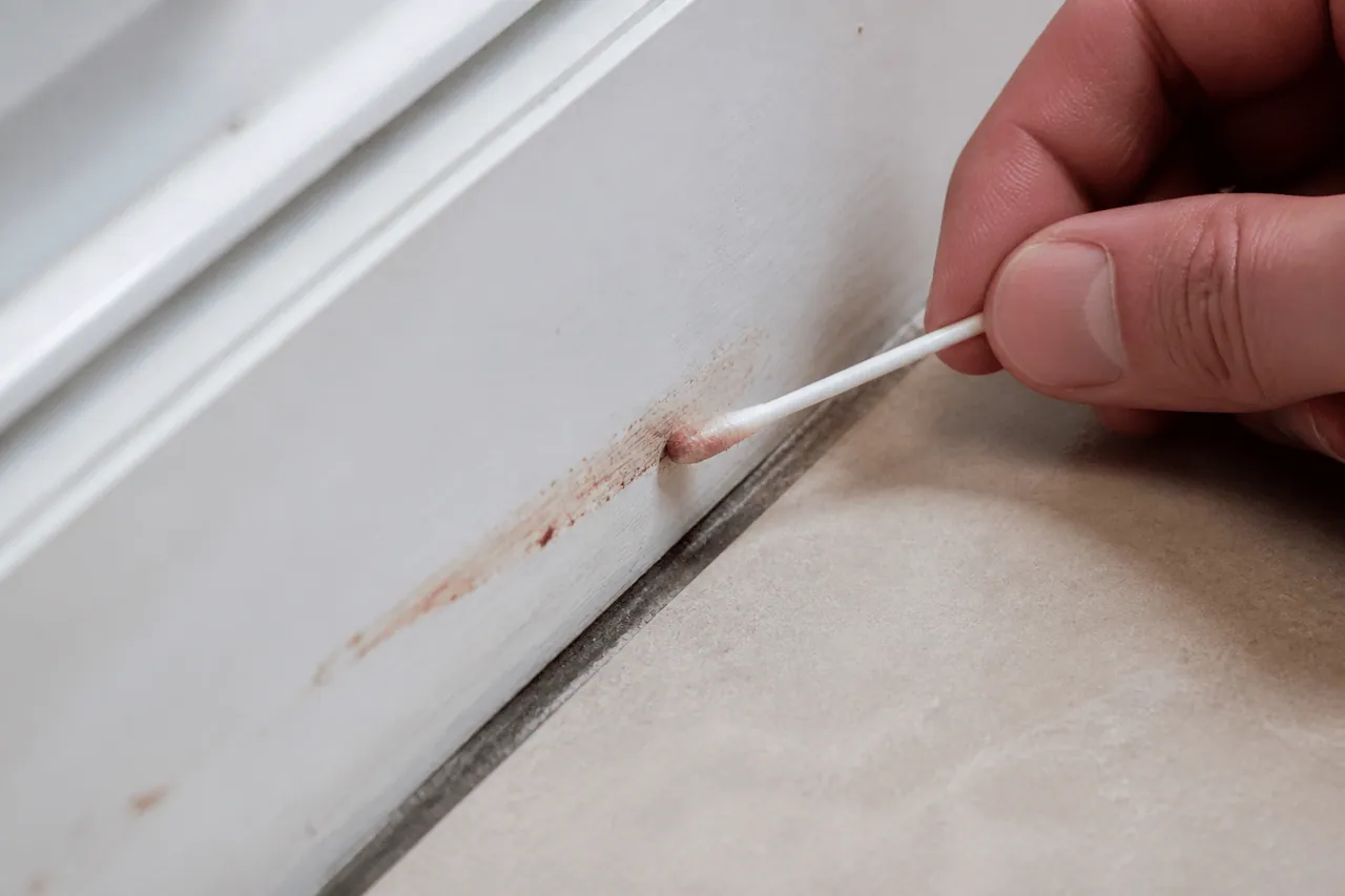 Coton-tige humide révélant traînée brunâtre rougeâtre sur surface.