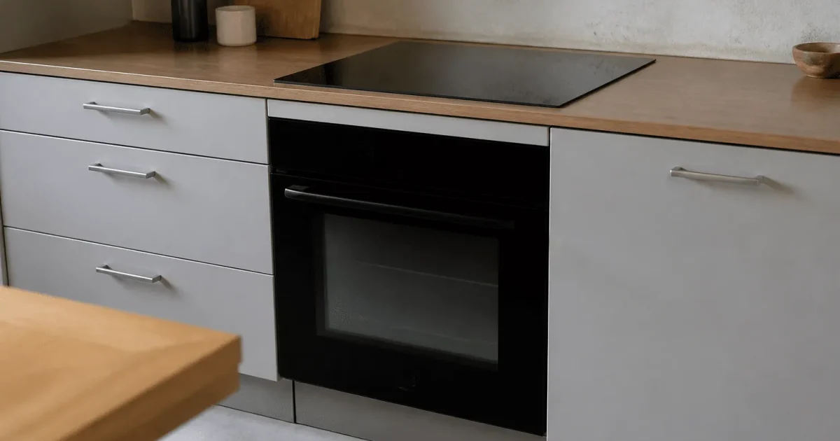 Cuisinière intégrée avec plaque noire et porte four fermée.