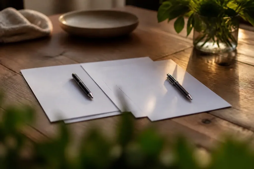 Deux personnes signent un courrier sur table en bois
