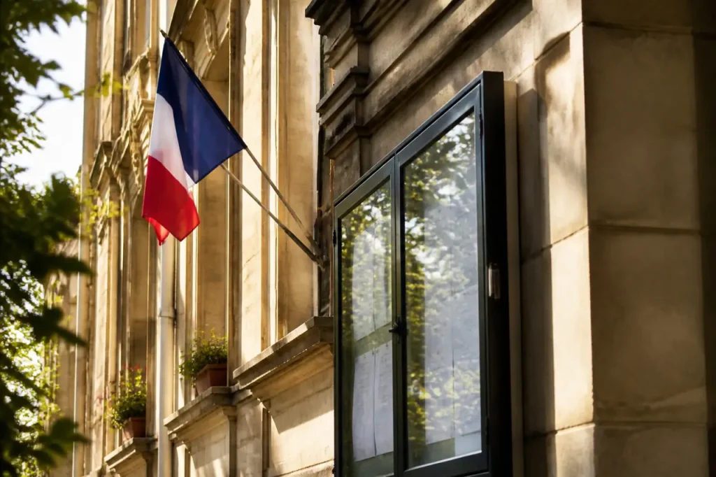 Facade de mairie avec vitrine affichage et drapeau tricolore