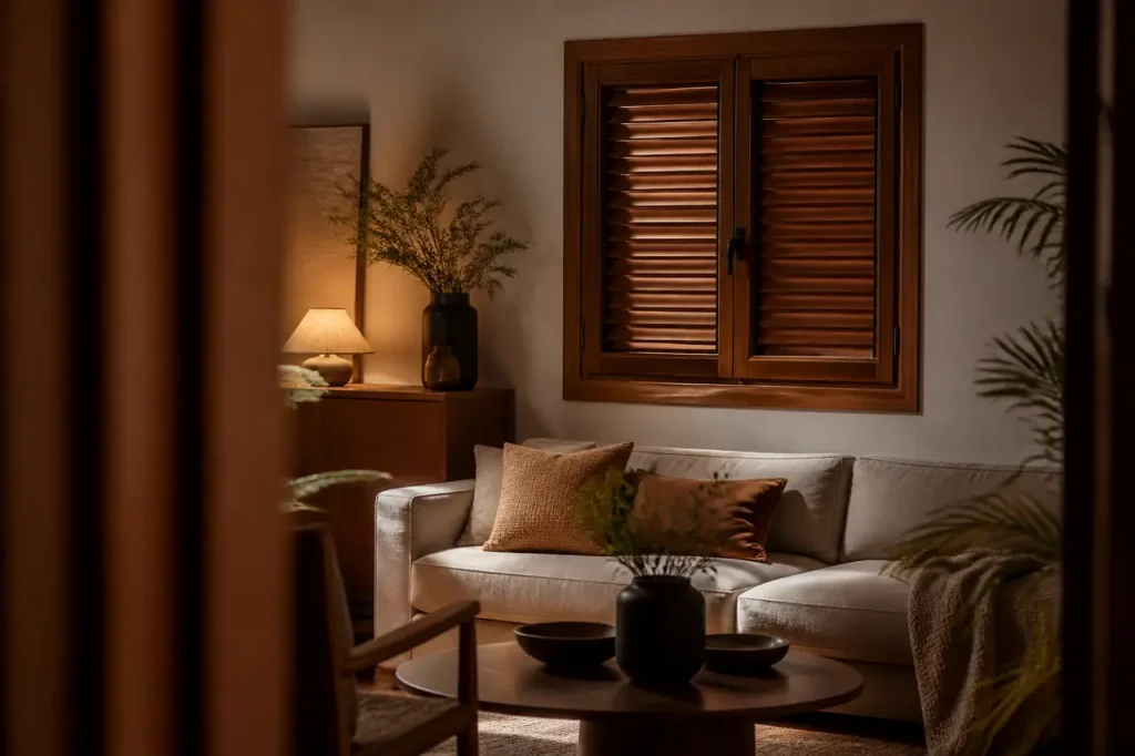 Fenetre en bois aux lames fermees, salon chaleureux