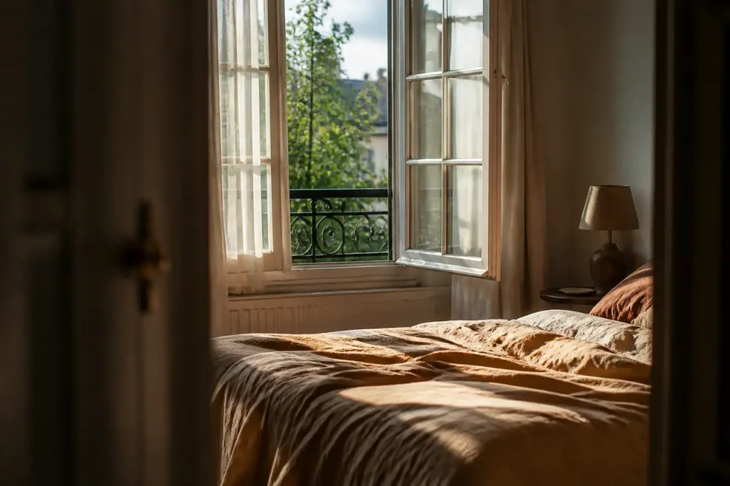 Fenetre entrouverte dans une chambre baignee de lumiere matinale