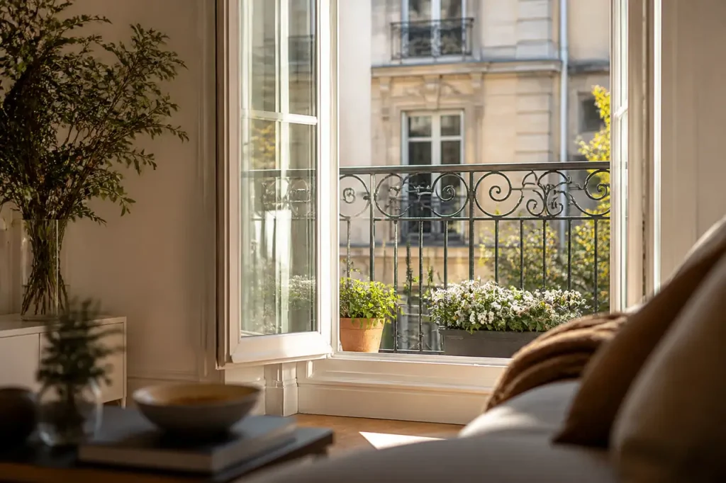 Fenetre grande ouverte sur un salon lumineux