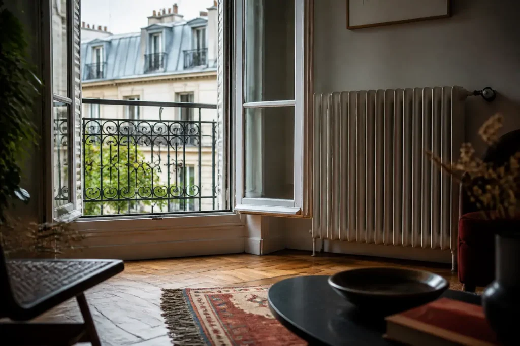 Fenetre grande ouverte sur un salon avec radiateur eteint