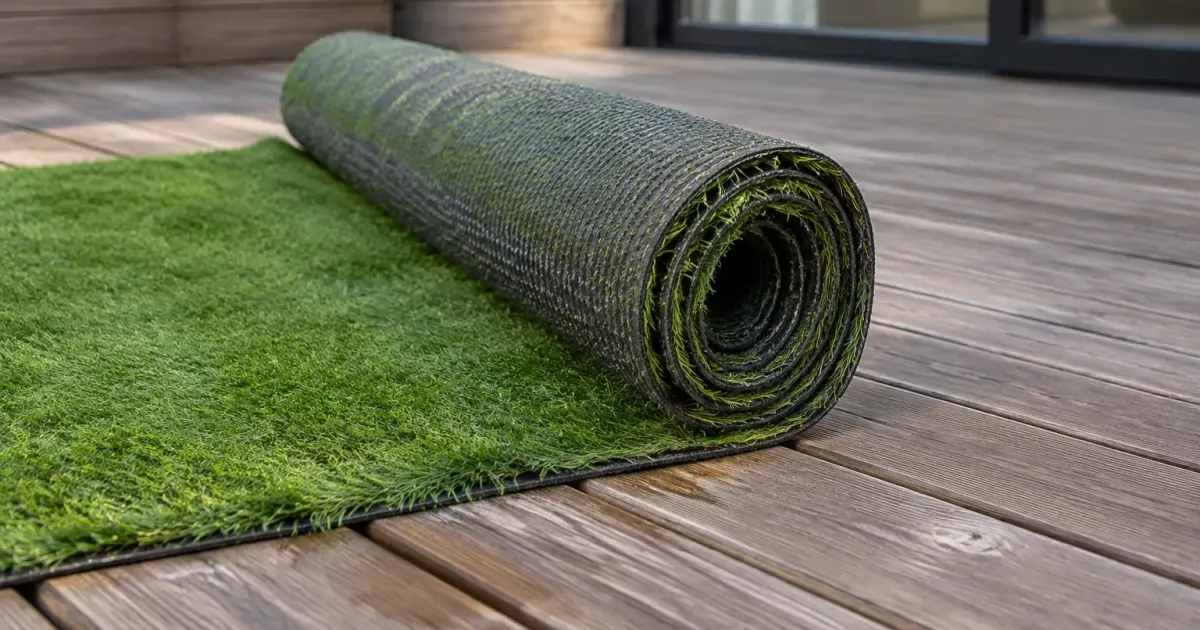 Flexible vert enroule sur une terrasse en bois