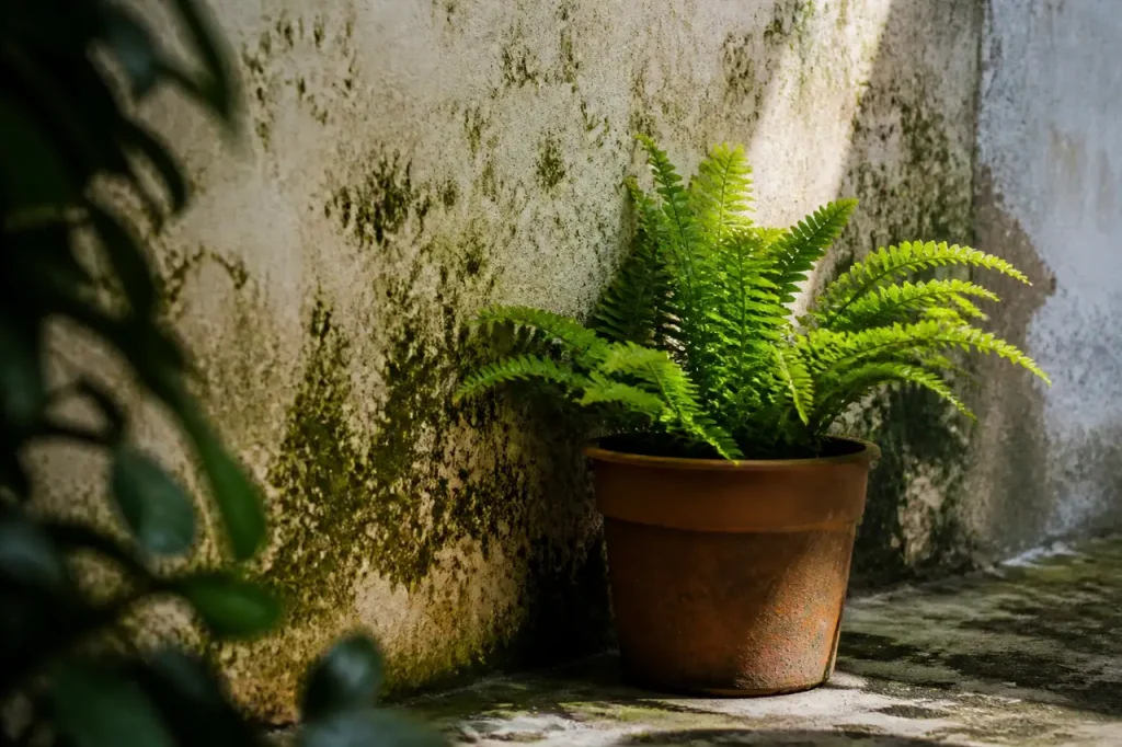 Fougere en pot pres d'un mur moisi