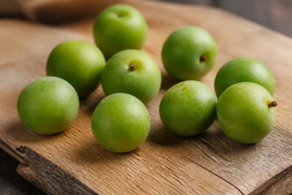 Fruits ronds verts poses sur une planche en bois