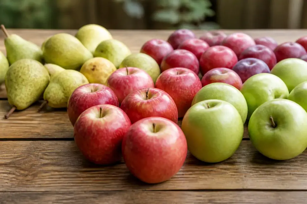 Fruits verts et rouges sur une table rustique