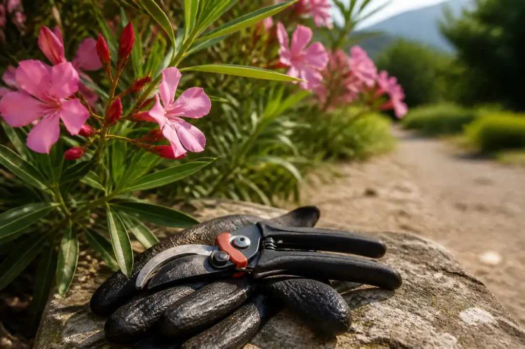 Gants noirs tenant un secateur pres d'un laurier-rose