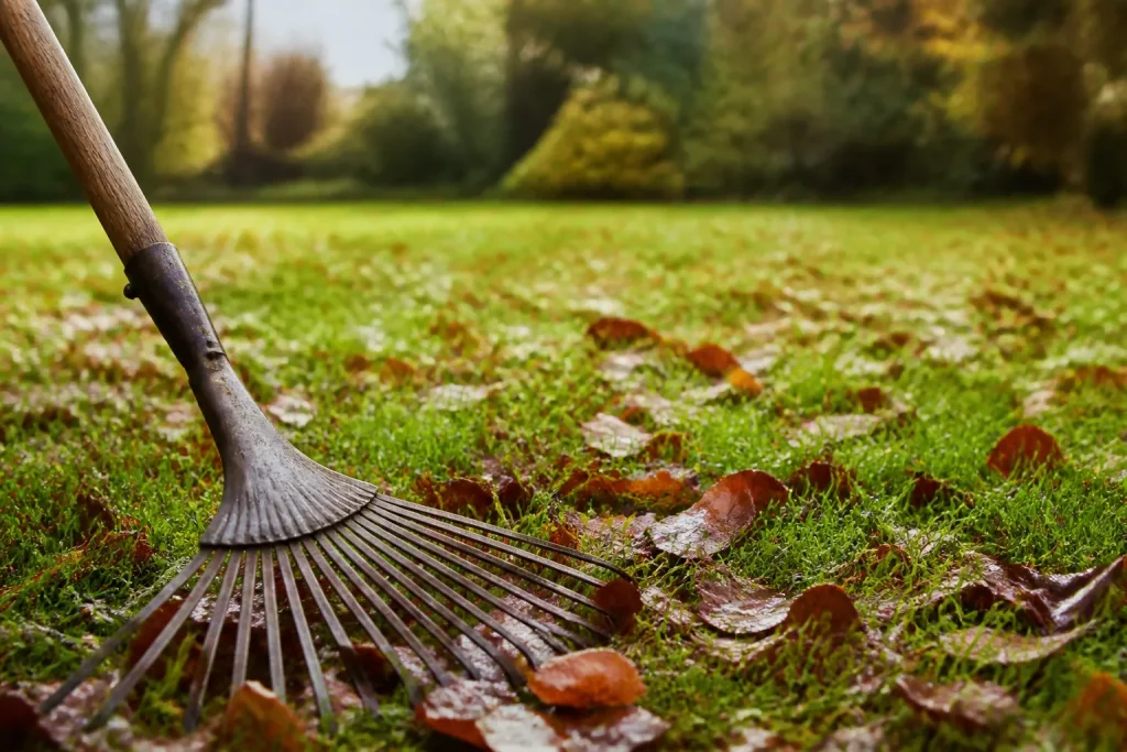 Gazon couvert de feuilles mouillees et rateau