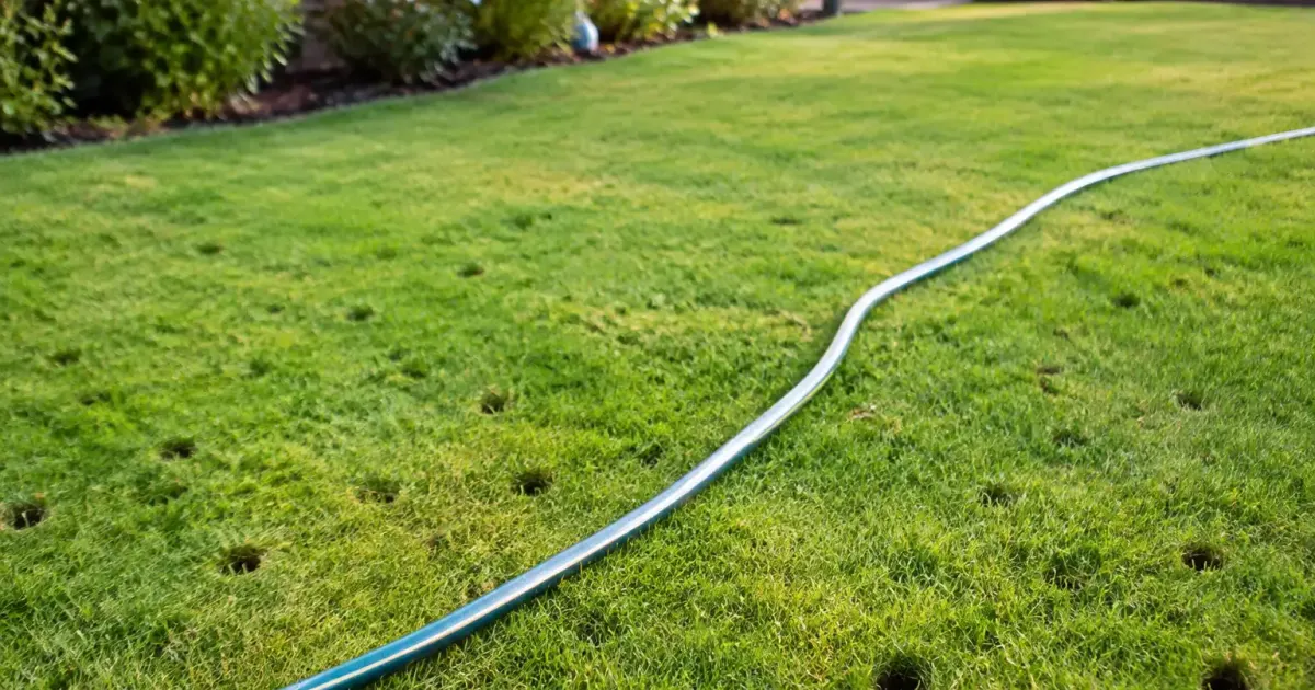 Gazon vert avec petits trous ronds, tuyau au sol