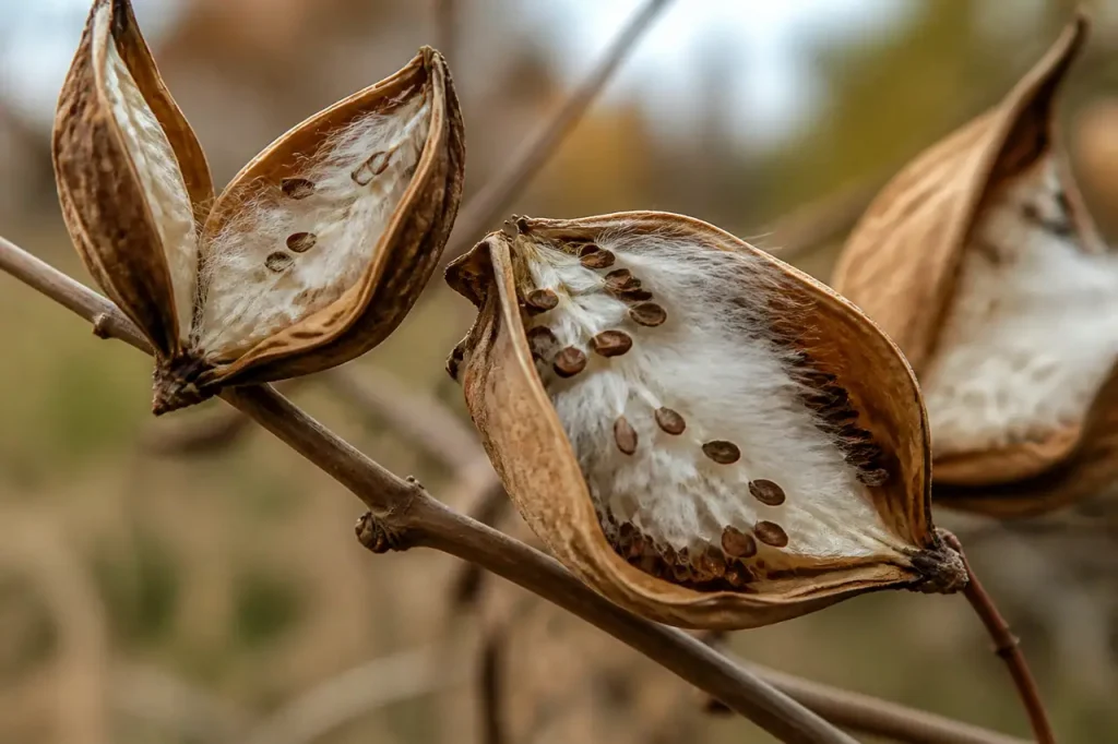 Gousses brunes entrouvertes sur branche, graines plumeuses visibles