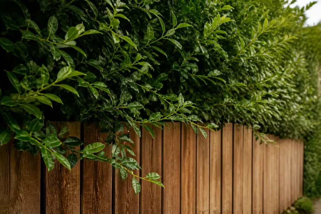 Haie dense aux branches debordant une cloture en bois