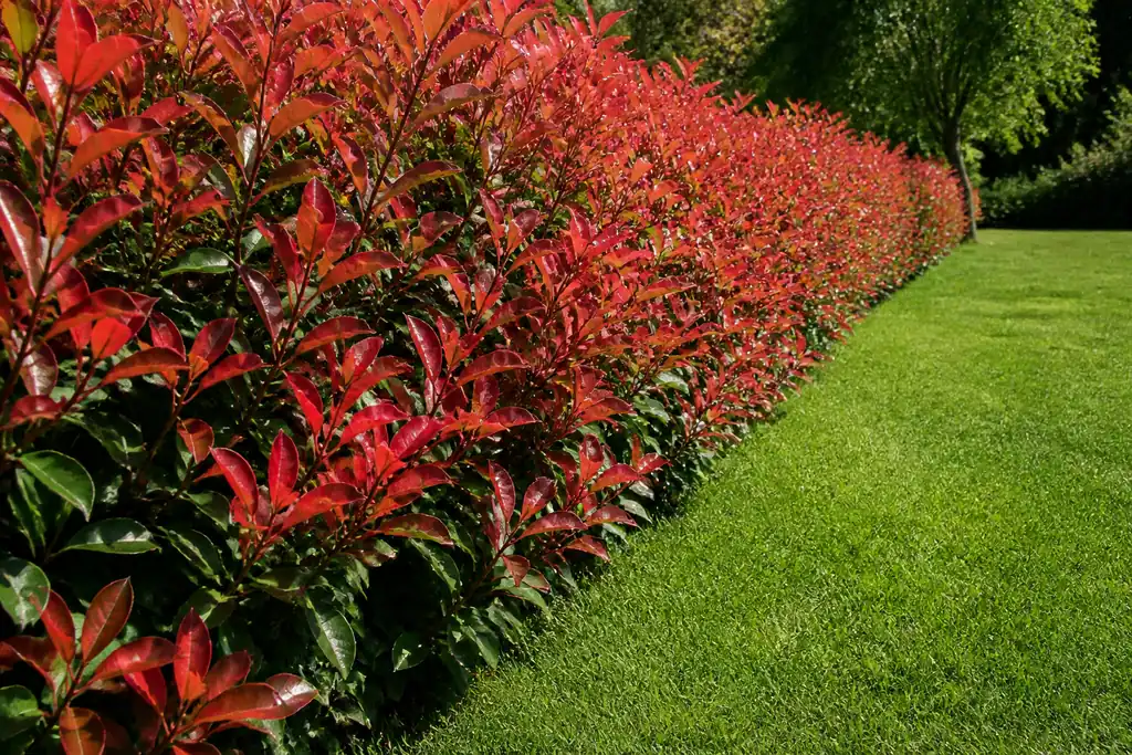 Haie dense de Photinia rouge bordant une pelouse verte
