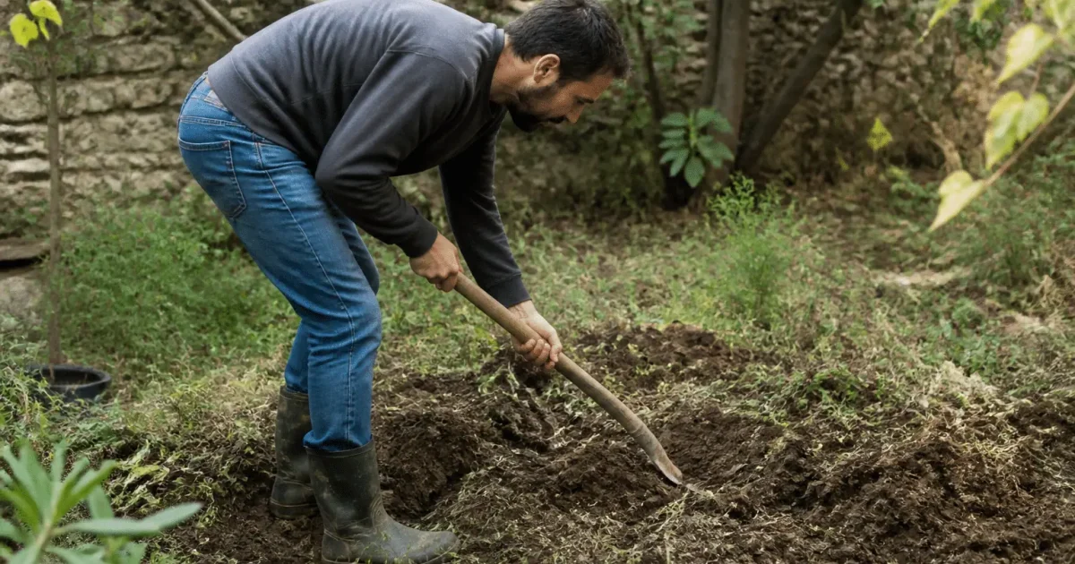 Homme creusant le sol avec une pelle dans un jardin.