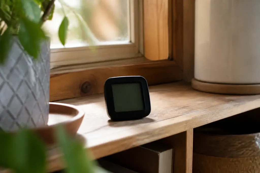 Hygrometre numerique pose sur une etagere pres d'une fenetre