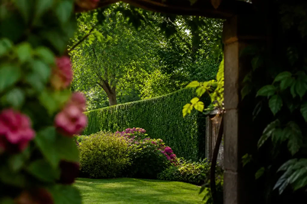 Jardin verdoyant separe par une haie taillee